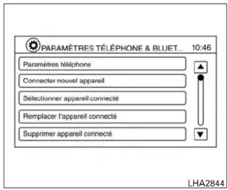 PARAMÈTRES TÉLÉPHONE & BLUET... 10:46 Paramètres téléphone Connector nouvel appareil Sélectionner appareil connecté Remplacer l'appareil connecté Supprimer appareil connecté LHA2844