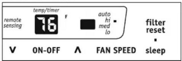 remote sensing temp/timer 76 F auto hi med lo filter reset V ON-OFF ∧ FAN SPEED sleep