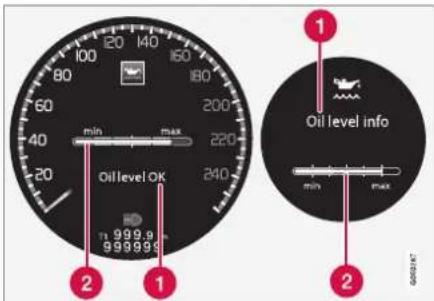 100 80 60 40 20 min max 220 240 Oil level OK 999.9 999999 1 2 Oil level info min max 2 G00347