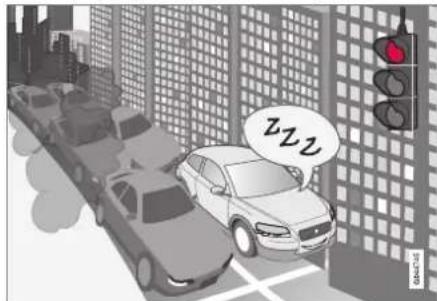 Street scene illustration with a car, traffic light, and speech bubble saying 'ZZZ'
