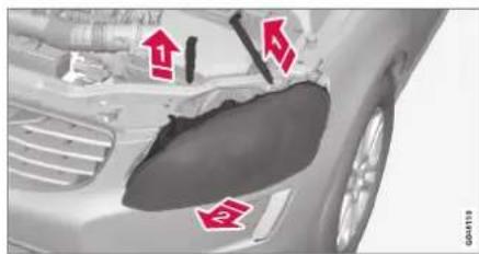 Diagram showing car damage with red arrows and labels indicating structural damage or damage points