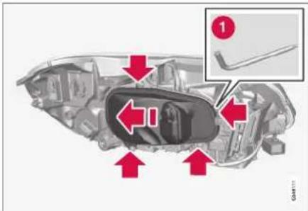 Technical diagram of a car interior with red arrows indicating directional components and a numbered inset showing tool placement.