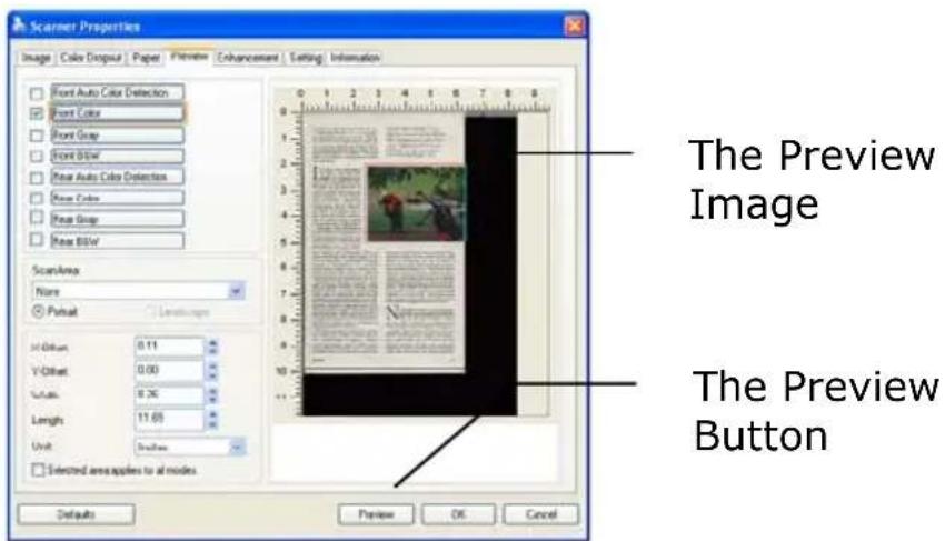 Scanner Properties Image Color Dropout Paper Preview Enhancement Setting Information Front Auto Color Detection Front Color Front Group Front Blow Rear Auto Color Detection Rear Color Rear Group Rear Blow ScanArea Name Purbat H/Othm 0.11 V-Offset 0.00 Width 9.36 Length 11.65 Unit: Strushes Selected…