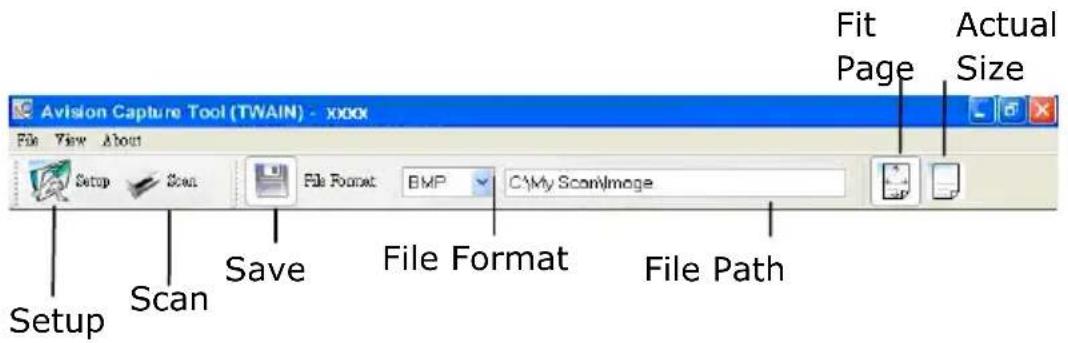 Avision Capture Tool (TWAIN) - xxxx File View About Setup Scan Save File Format BMP C:\My Scan\Image Fit Page Actual Size Setup Scan File Format File Path