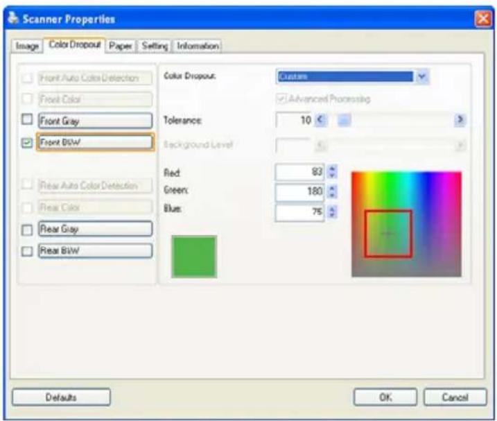 Scanner Properties Image Color Dropout Paper Setting Information Front Auto Color Detection Front Color Front Gray Front BSW Rear Auto Color Detection Rear Color Rear Gray Rear BSW Color Dropout: Custom Advanced Processing Tolerance: 10 Background Level: Red: 83 Green: 180 Blue: 75 Defaults OK Cance…