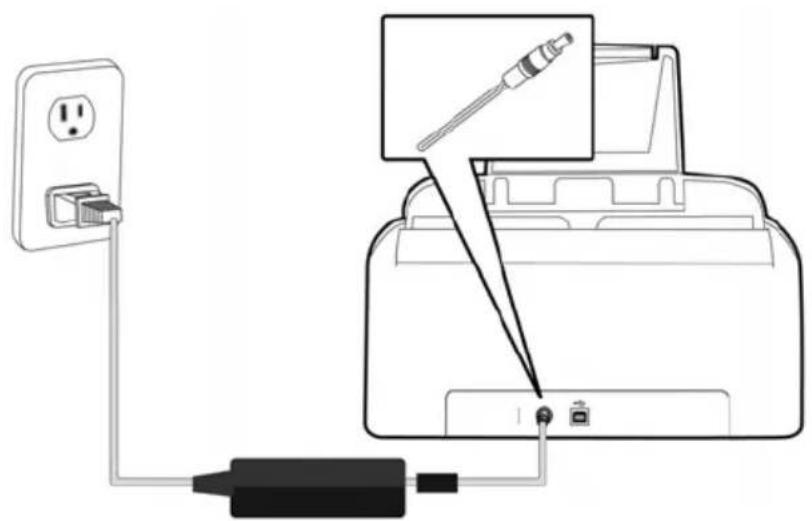 Diagram of a printer with a power outlet connected to a cable, showing internal components and wiring (no text or symbols)