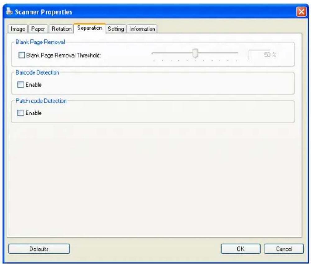 Scanner Properties Image Paper Rotation Separation Setting Information Blank Page Removal Blank Page Removal Threshold: 50 % Barcode Detection Enable Patch code Detection Enable Defaults OK Cancel