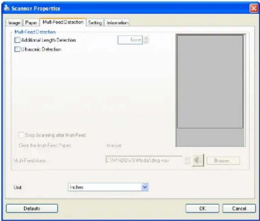 Scanner Properties Image Paper Mult-Feed Detection Setting Information Multi-Feed Detection Additional Length Detection None Ultrasonic Detection Stop Scanning alter Multi-Feed Clear the Multi-Feed Paper Manual Multi-Feed Alarm C:\WINDOWS\Modelling.mov Browse... Unit Inches Defaults OK Cancel