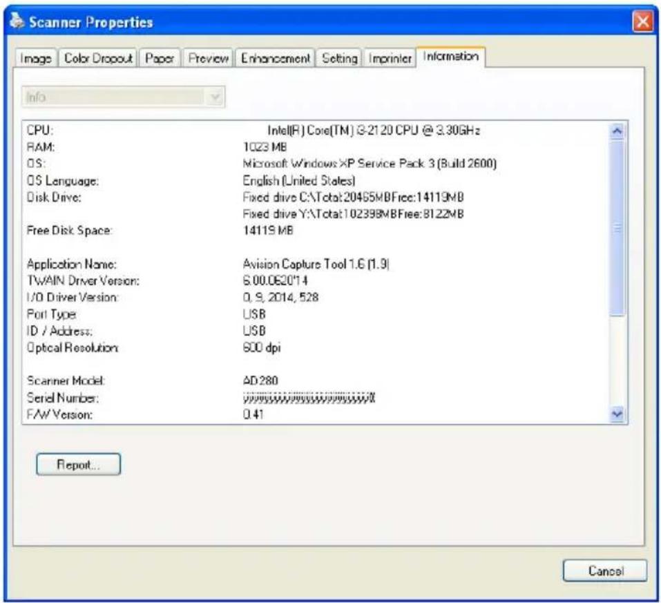 Scanner Properties Image Color Dropout Paper Preview Enhancement Setting Imprinter Information Info CPU: Intel(R) Core(TM) @ 21.20 CPU @ 3.30GHz RAM: 1023 MB OS: Microsoft Windows XP Service Pack 3 (Build 2600) OS Language: English (United States) Disk Drive: Fixed drive C:\Total:20465MBFree:14119MB…