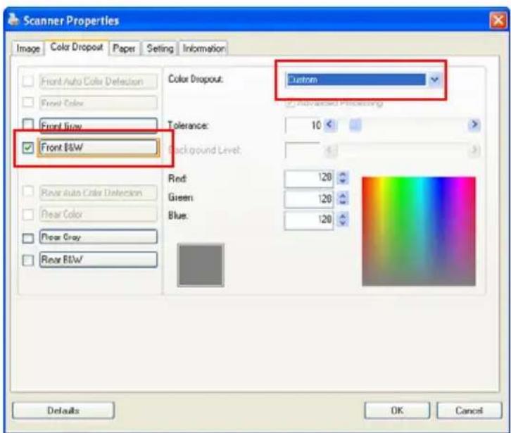 Scanner Properties Image Color Dropout Paper Setting Information Front Auto Color Deflection Front Color Front Glow ✓ Front Glow Color Dropout: Custom ✓ Advanced Processing Tolerance: 10 Background Level: Red: 120 Green: 120 Blue: 120 Rear Auto Color Deflection Rear Color Rear Grey Rear B/W Defaults…