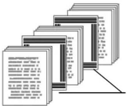 Stacked document pages with dense text columns and a highlighted section showing the title 'Documentary Section 1'.