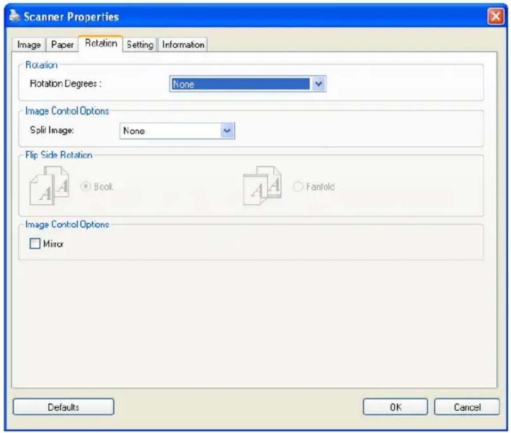 Scanner Properties Image Paper Rotation Setting Information Rotation Rotation Degrees : None Image Control Options Split Image: None Flip Side Rotation Book Fanfold Image Control Options Mirror Defaults OK Cancel