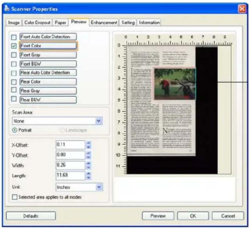 Scanner Properties Image Color Dropout Paper Preview Enhancement Setting Information Front Auto Color Detection Front Color Front Gray Front B&W Rear Auto Color Detection Rear Color Rear Gray Rear B&W Scan Area: None Portrait Landscape X-Offset: 0.11 Y-Offset: 0.00 Width: 8.26 Length: 11.63 Unit: In…