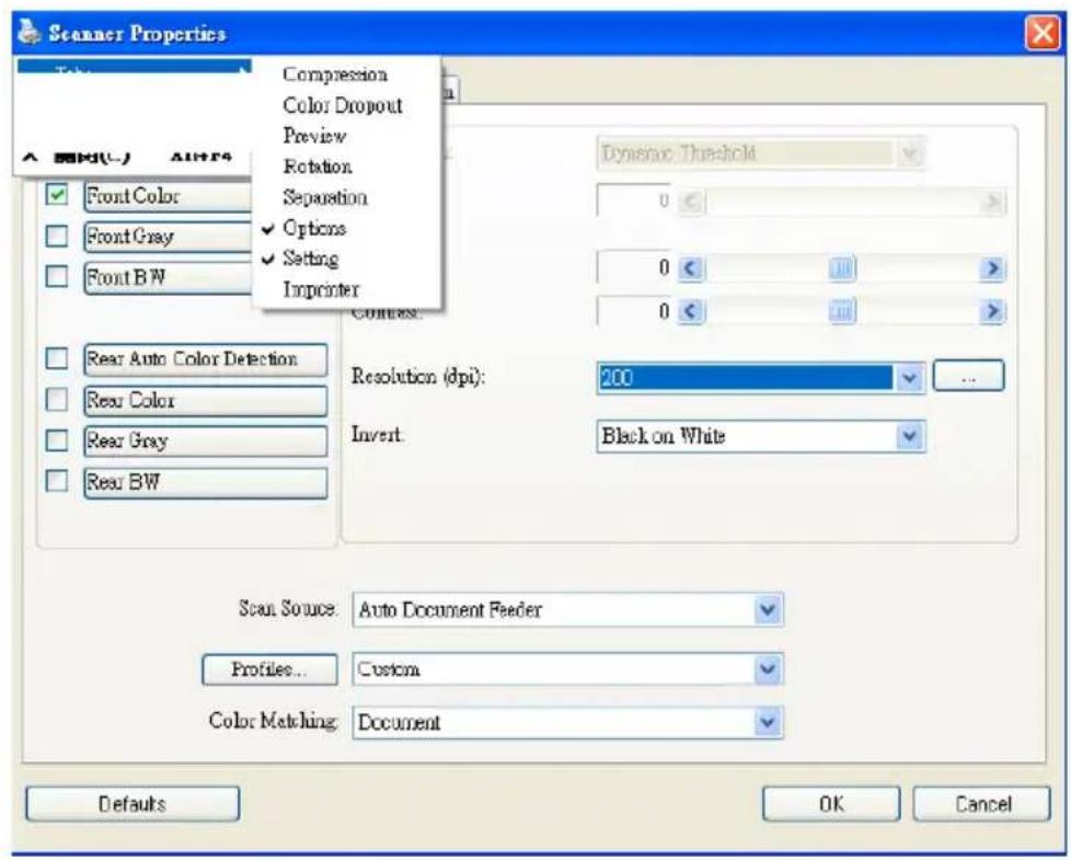 Scanner Properties Color A B D (L) AIH54 Compression Color Dropout Preview Rotation Separation Options Setting Imprinter Front Color Front Gray Front BW Compt. Dynamic Threshold 0 0 < 11 > 0 0 < 11 > 0 Rear Auto Color Detection Rear Color Rear Gray Rear BW Resolution (dpi): 200 ... Invert: Black on…