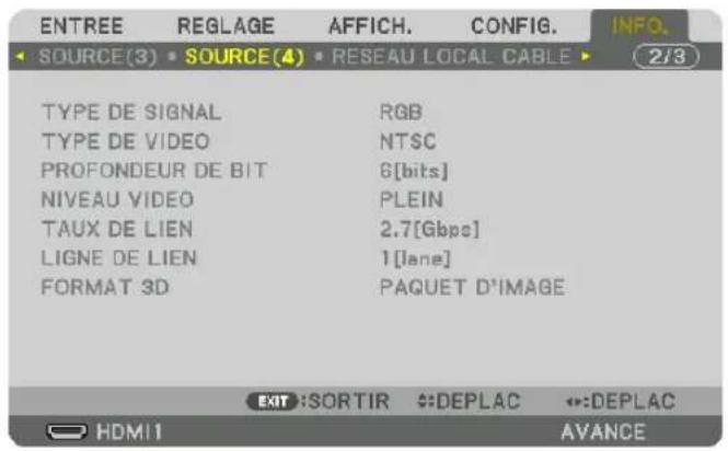 ENTREE REGLAGE AFFICH. CONFIG. SOURCE(3) SOURCE(4) RESEAU LOCAL CABLE TYPE DE SIGNAL RGB TYPE DE VIDEO NTSC PROFONDEUR DE BIT 6[bits] NIVEAU VIDEO PLEIN TAUX DE LIEN 2.7[Gbps] LIGNE DE LIEN 1[lane] FORMAT 3D PAQUET D'IMAGE EXIT :SORTIR :DEPLAC :DEPLAC HDMI AVANCE