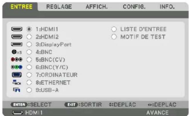 ENTREE REGLAGE AFFICH. CONFIG. INFO. 1:HDMI1 2:HDMI2 3:DisplayPort 4:BNC 5:BNC(CV) 6:BNC(Y/C) 7:ORDINATEUR 8:ETHERNET 9:USB-A LISTE D'ENTREE MOTIF DE TEST ENTER :SELECT EXIT :SORTIR DEPLAC DEPLAC HDMI1 AVANCE