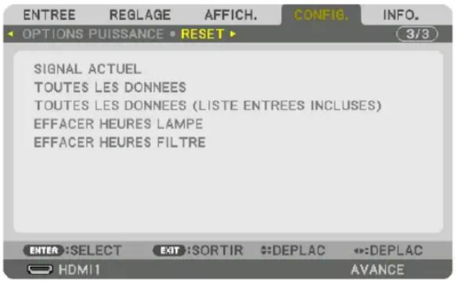 ENTREE REGLAGE AFFICH. CONFIG. INFO. OPTIONS PUISSANCE • RESET 3/3 SIGNAL ACTUEL TOUTES LES DONNEES TOUTES LES DONNEES (LISTE ENTREES INCLUDES) EFFACER HEURES LAMPE EFFACER HEURES FILTRE ENTER :SELECT EXIT :SORTIR DEPLAC DEPLAC HDMI1 AVANCE