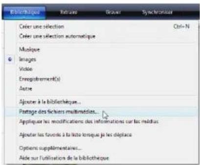 Bibliothèque Créer une sélection Créer une sélection automatique Musique Images Video Enregistrement(s) Autre Ajouter à la bibliothèque... Partage des fichiers multimédies... Appliquer les modifications des informations sur les médias Ajouter les favors à la liste lorsque je les déplace Options supplémentaires... Aide sur l'utilisation de la bibliothèque