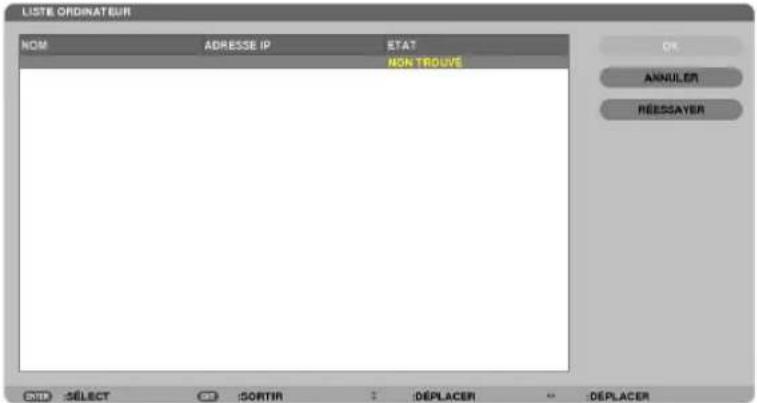 LISTE ORDINATEUR NOM ADRESSE IP ETAT NON TROUVE OK ANNULER REESSAYER SND -SELECT :SORTIR :DEplacer : DEPLACER