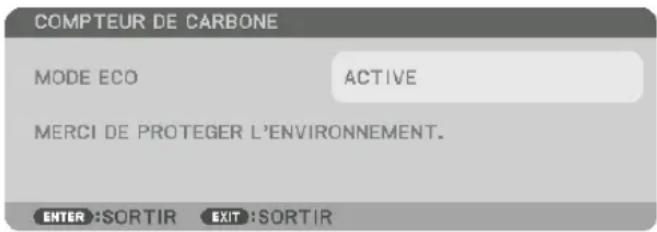 COMPTEUR DE CARBONE MODE ECO ACTIVE MERCI DE PROTEGER L'ENVIRONNEMENT. ENTER :SORTIR EXIT :SORTIR