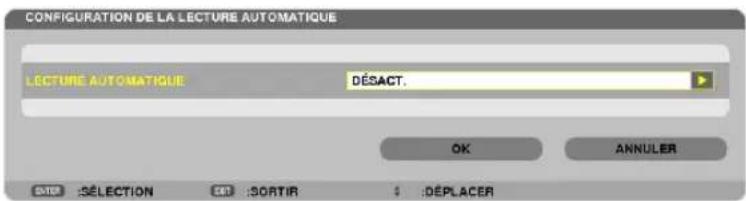 CONFIGURATION DE LA LECTURE AUTOMATIQUE LECTURE AUTOMATIQUE DÉSACT. OK ANNULER SITE :SÉLECTION SORTIR : :DEPLACER