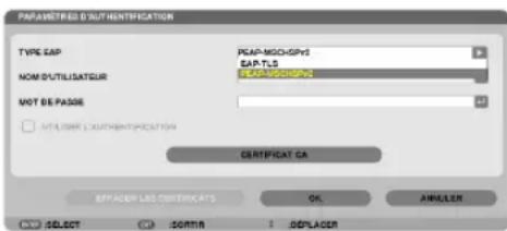 PARAMETRIS D'AUTHENTICATION TYPE CAP CAP-MSO/GPVD CAP-TLS NOM D'UTILISATEUR NOM DE PASSÉ AUTOSER L'AUTHENTIFICATION CERTIFICAT CA SPPACER LES CERTIFICATS OK ANNUALER SELECT SORTIN DEPLACEMENT