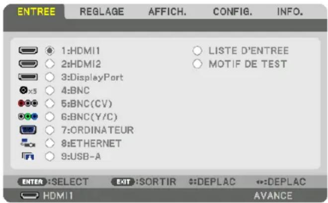 ENTREE REGLAGE AFFICH. CONFIG. INFO. 1:HDMI1 2:HDMI2 3:DisplayPort 4:BNC 5:BNC(CV) 6:BNC(Y/C) 7:ORDINATEUR 8:ETHERNET 9:USB-A LISTE D'ENTREE MOTIF DE TEST ENTER :SELECT EXIT :SORTIR DEPLAC DEPLAC HDMI1 AVANCE