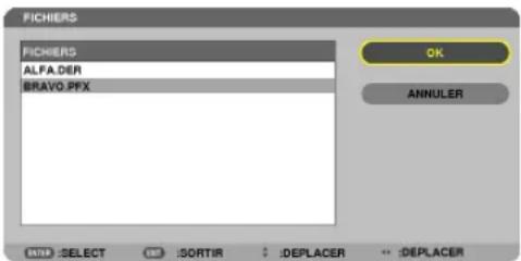 FICHIERS FICHIERS ALFA.DER BRAVO.PFX OK ANNULER DATE: SELECT :SORTIR :DEPLACER DEPLACER