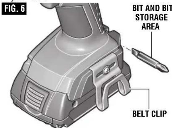 FIG. 6: BIT AND BIT STORAGE AREA, BELT CLIP.