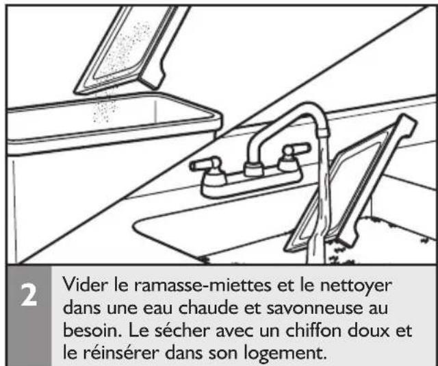 2 Vider le ramasse-miettes et le nettoyer dans une eau chaude et savonneuse au besoin. Le sécher avec un chiffon doux et le réinsérer dans son logement.