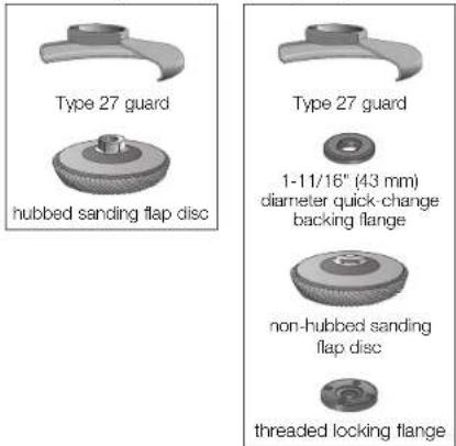 Type 27 guard hubbed sanding flap disc Type 27 guard 1-11/16" (43 mm) diameter quick-change backing flange non-hubbed sanding flap disc threaded locking flange