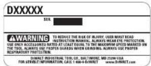 DXXXXX SOL. A WARNING TO REDUCE THE RISK OF INJURY, USER MUST READ INSTRUCTION MANUAL. ALWAYS WEAR EYE PROTECTION. USE ONLY ACCEPTED RATED AT LEAST EQUAL TO THE MAXIMUM SPEED MARKED ON THE TOOL. ALWAYS USE PROPER GUIDES WHEN CRINNIBLE. ALWAYS USE PROPER RESPIRATORY PROTECTION. DRIVER INDUSTRIAL TOOL CO., BALTIMONE, MD ZION USA FOR SERVICE INFORMATION. CALL 1 400-6 CHINEET . www.DINAMET.COM