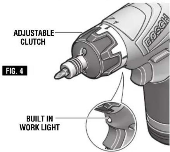 ADJUSTABLE CLUTCH, FIG. 4, BUILT-IN WORK LIGHT.