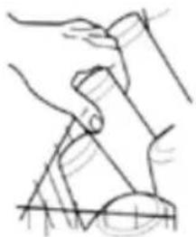 Simple line drawing of a hand holding a pen.