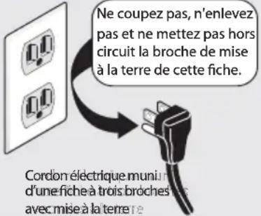 Ne coupez pas, n'enlevez pas et ne mettez pas hors circuit la broche de mise à la terre de cette fiche. Cordon électrique muni d'une fiche à trois broches avec mise à la terre