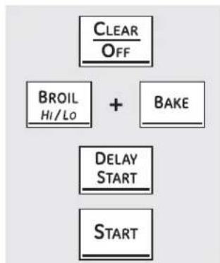 graph TD A["CLEAR/OFF"] --> B["BROIL/Hi/Lo"] B --> C["+"] C --> D["BAKE"] D --> E["DELAY START"] E --> F["START"]