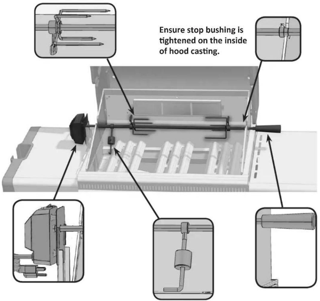 Ensure stop bushing is tightened on the inside of hood casting.