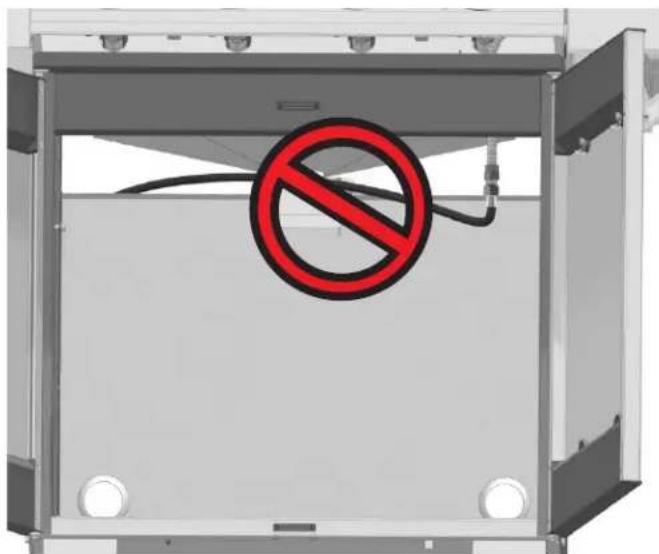 Safety warning sign with red prohibition symbol inside a vehicle cabin, indicating no hazard or absence of equipment.