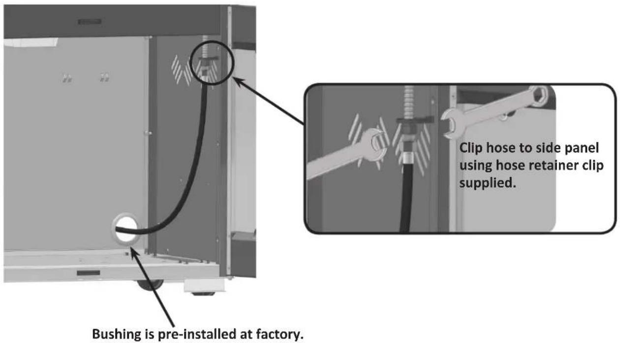 Bushing is pre-installed at factory. Clip hose to side panel using hose retainer clip supplied.