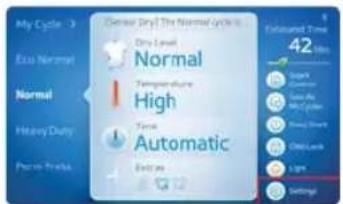 My Cycle > Normal Extra Normal Normal History Duty Pre-ve Prada Sensor Only The Normal cycle Dry Level Normal Temperature during High Time Automatic End as 12 8 Indicated Time 42.00s Smart Comforter Auto Air MIL Green Rising Smart Chiplock Light Settings