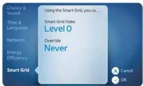 Display & Sound Time & Language Network Energy Efficiency Smart Grid Using the Smart Grid, you ca... Smart Grid State Level 0 Override Never Cancel OK