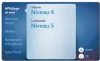 Affichage et nom Hours et langue Réduas Remdament enéritique Smart Grid Volume Niveau 4 Lumourché Niveau 5 Annul Ok