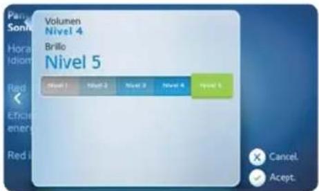 Volumen Nivel 4 Brillo Nivel 5 Level 1 Level 2 Level 3 Level 4 Level 5 Cancel. Accept.