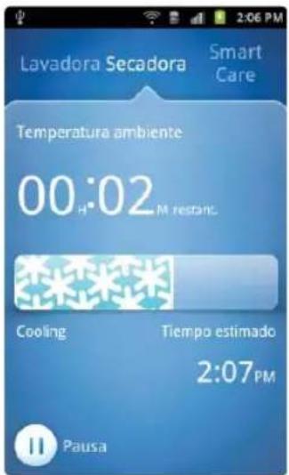 Lavadora Secadora Smart Care Temperatura ambiente 00:02 M restanc. Cooling Tiempo estimado 2:07 PM Pausa
