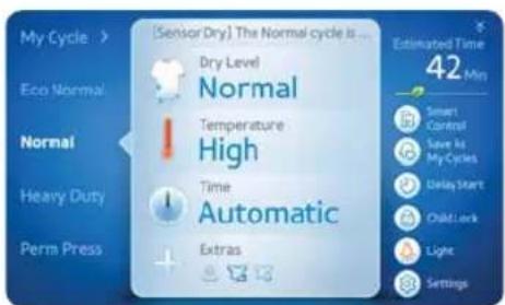 [Sensor Dry] The Normal cycle is Dry Level Normal Temperature High Time Automatic Extras Perm Press Estimated Time 42 Min Smart Control Save As My Cycles Display Start Child Lock Light Settings