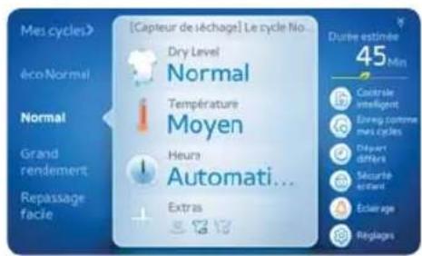 [Capteur de l'échage] Le cycle No. Dry Level Normal Température Moyen Heura Automati... Extra Durée estimée 45 Min éco Normal Normal Grand rendement Repassage facie