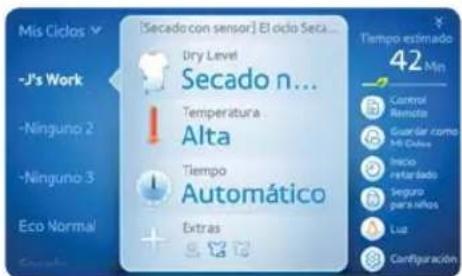 [Secado con sensor] El ciclo Seca... Dry Level Secado n... Temperatura Alta Tiempo Automático Extras Tiempo estimado 42 Min Control Remoto Guar de como Ml Colors Inicio retalado Seguro gara uños Luz Configuración