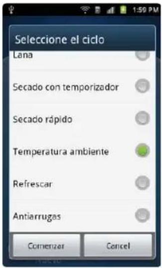 Seleccione el ciclo Lana Secado con temporizador Secado rápido Temperatura ambiente Refrescar Antiarrugas Comenzer Cancel