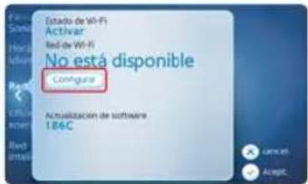 Estado de Wi-Fi Activar Red de Wi-Fi No está disponible Configure Actualización de software 1.86C cancel Accept