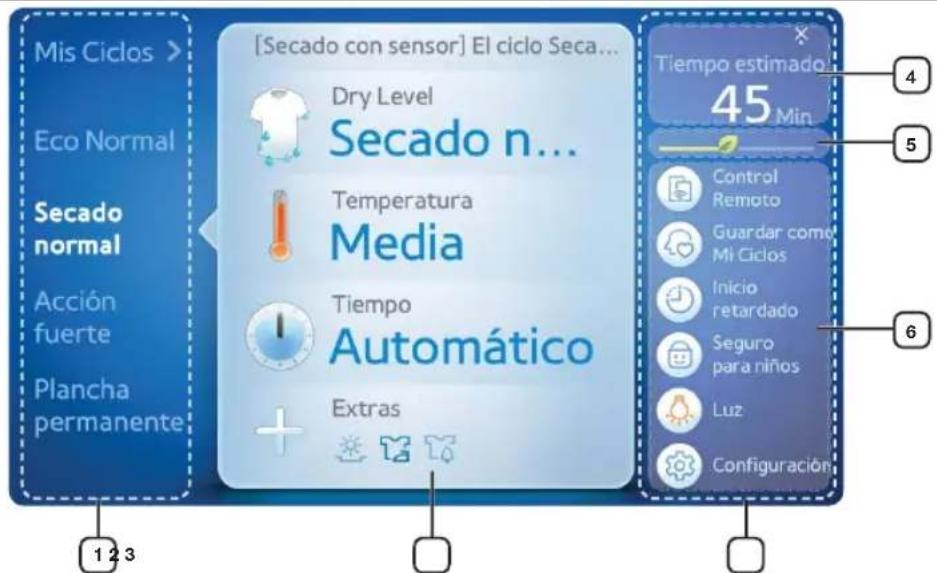 Mis Ciclos > Eco Normal Secado normal Acción fuerte Plancha permanente [Secado con sensor] El ciclo Seca... Dry Level Secado n... Temperatura Media Tiempo Automático Extras Tiempo estimado 45 Min Control Remoto Guardar como Mi Ciclos Inicio retardado Seguro para niños Luz Configuración 1 2 3 4 5 6